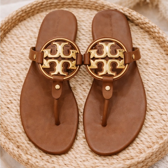 Tory Burch Shoes - Tory Burch Miller Sandals Brown Leather Gold Logo Thong Flats